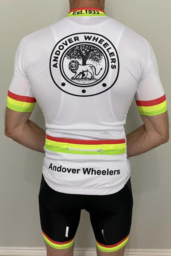 Andover Wheelers white short sleeve jersey and bibs - Rear view
